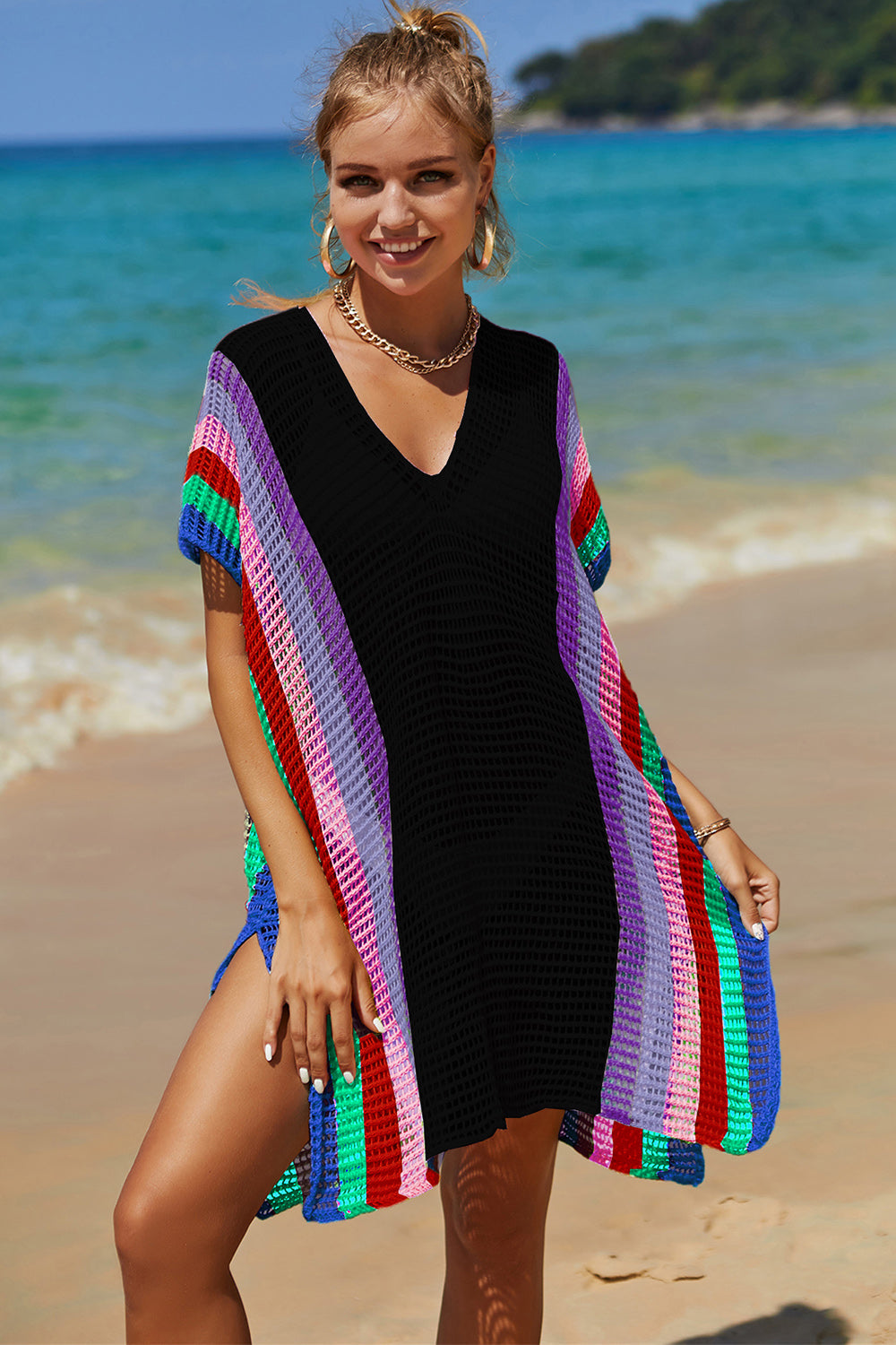 Double Take Openwork Striped Slit Knit Cover Up